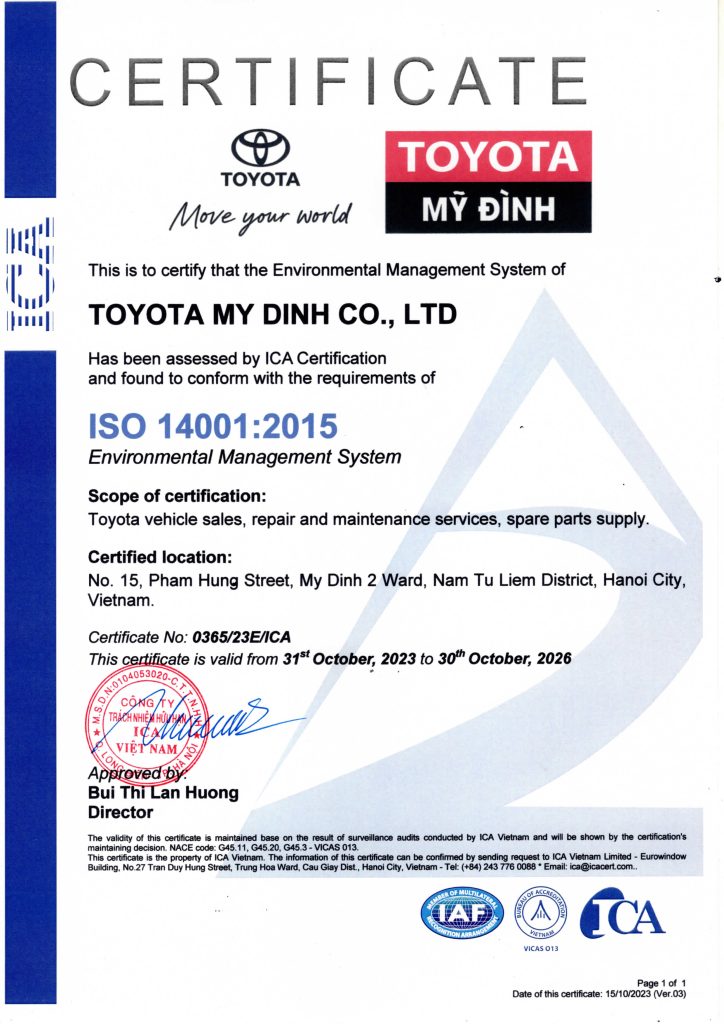 Toyota Mỹ Đình đạt chứng chỉ ISO 14001:2015 Hệ thống quản lý môi trường 1